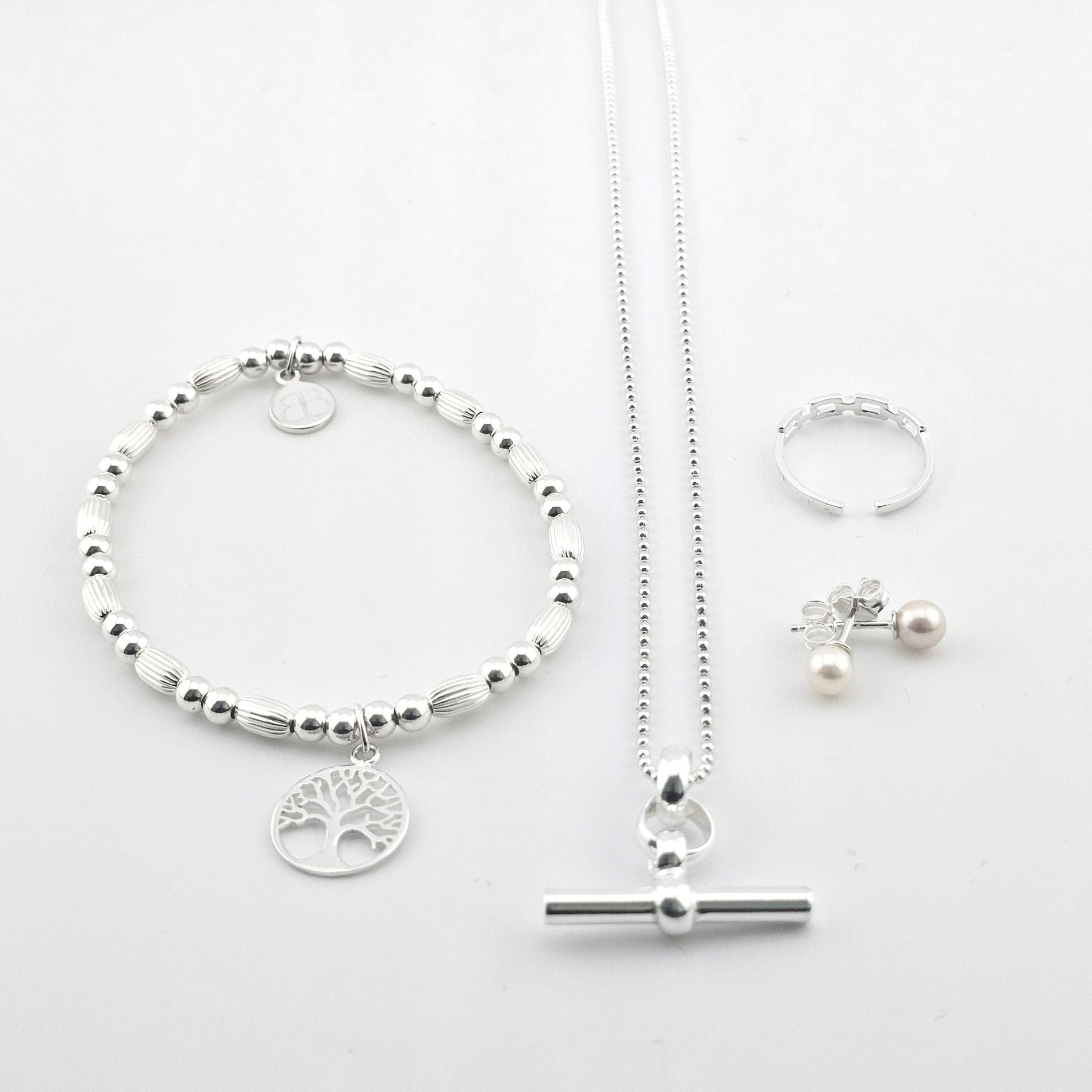Bessie Bae sterling silver jewellery set with beaded bracelet, pendant necklace, pearl earrings and ring — customer favourite collection.