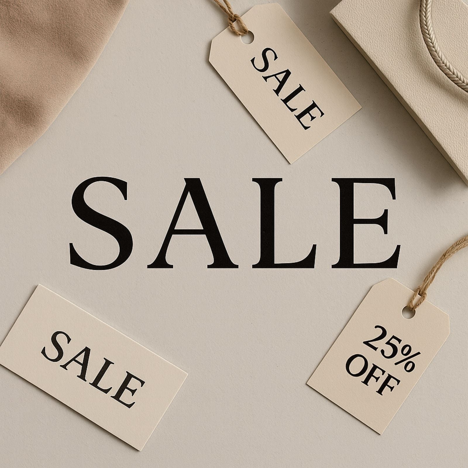 Minimal beige sale announcement with tags reading ‘SALE’ and ‘25% OFF,’ promoting Bessie Bae sterling silver jewellery offers.