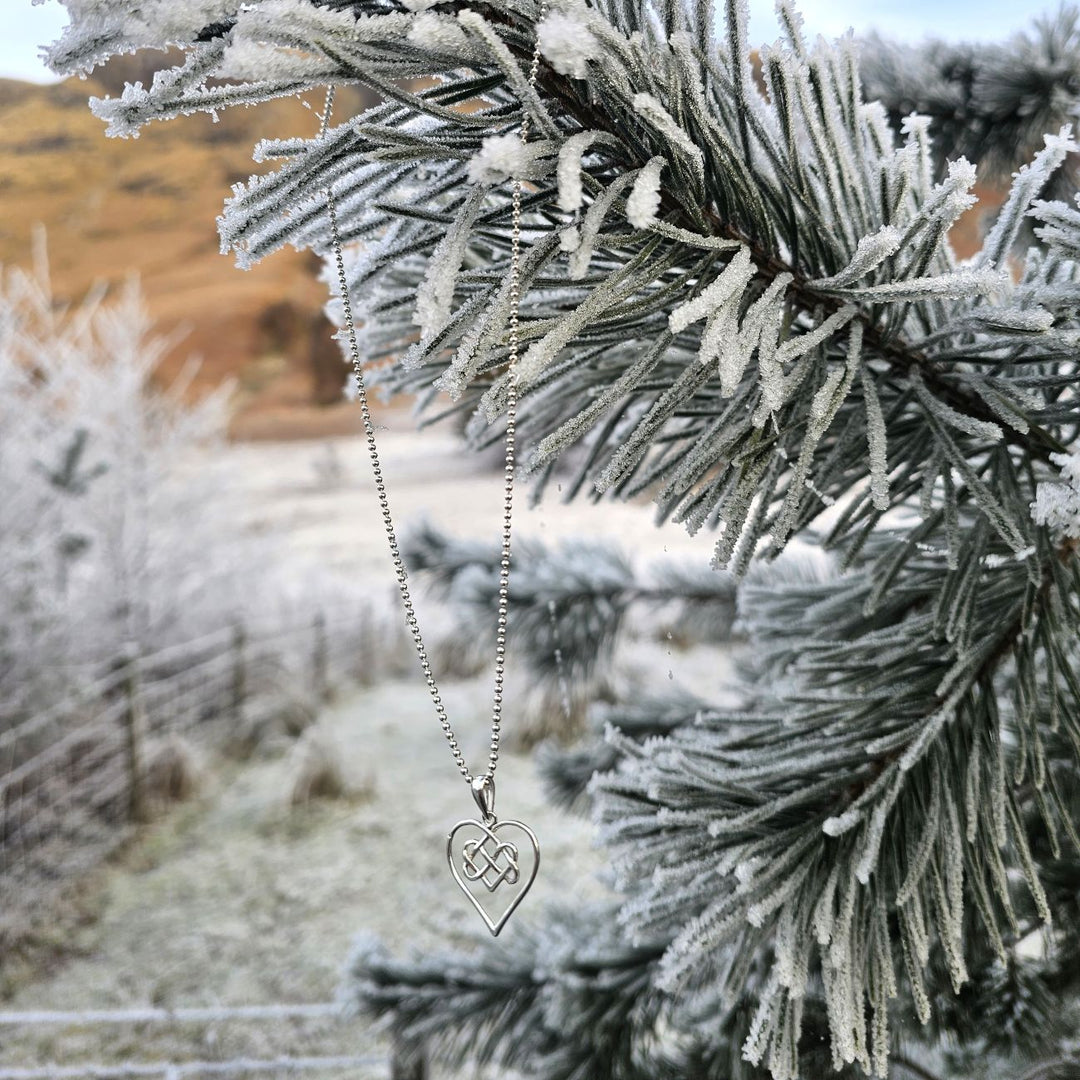 Sterling silver Celtic heart necklace hanging from an icy pine branch, winter jewellery lifestyle image by Bessie Bae.
