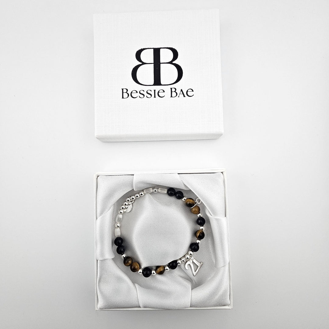 21st birthday Sterling Silver bracelet with Tiger’s Eye and Goldstone gemstones in Bessie Bae gift box.