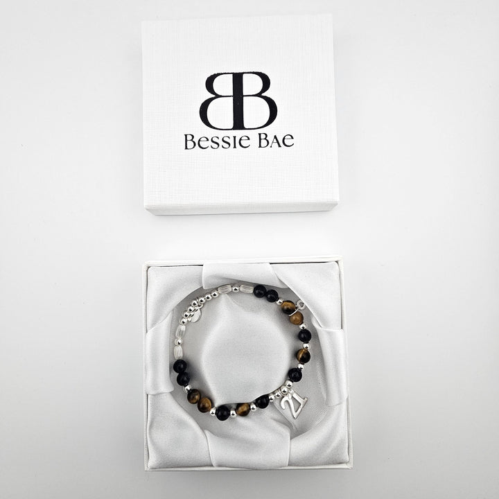 21st birthday Sterling Silver bracelet with Tiger’s Eye and Goldstone gemstones in Bessie Bae gift box.