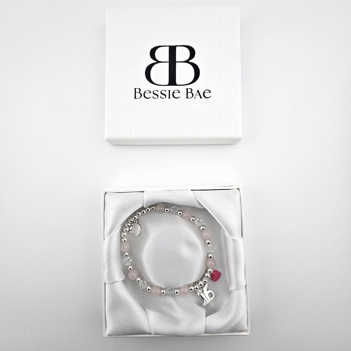 Sweet 16 Sterling Silver bracelet with Rose Quartz gemstones in Bessie Bae gift box.