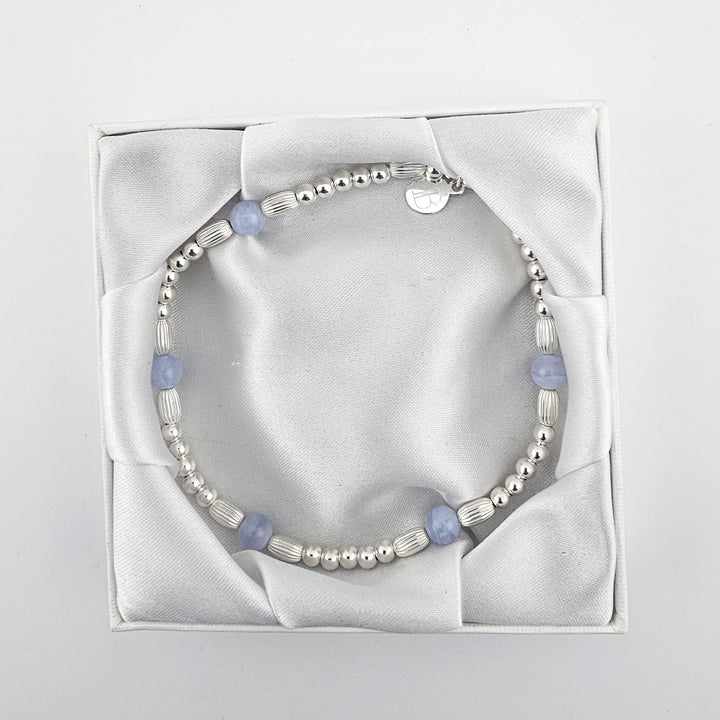 Blue lace agate anklet displayed in Bessie Bae gift box.