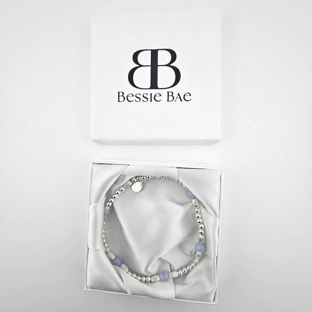 Blue lace agate anklet packaged in Bessie Bae gift box.