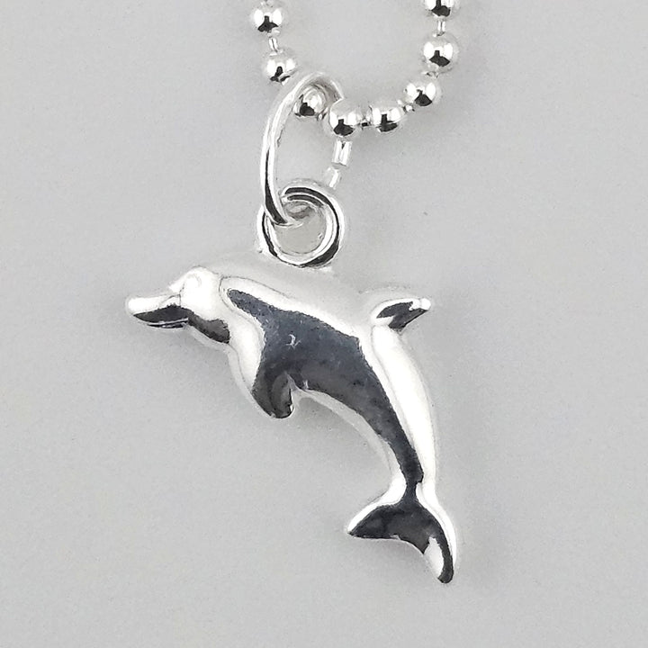 Close-up of sterling silver dolphin charm on beaded silver chain.
