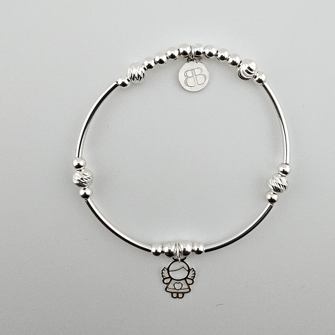 Sterling silver bracelet with angel charm and beaded design.