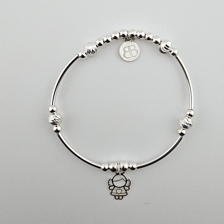 Sterling silver bracelet with angel charm and beaded design.