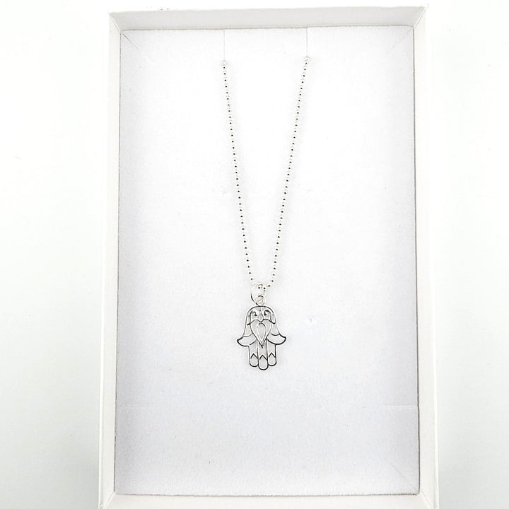 Sterling silver Hamsa necklace presented in a Bessie Bae gift box.