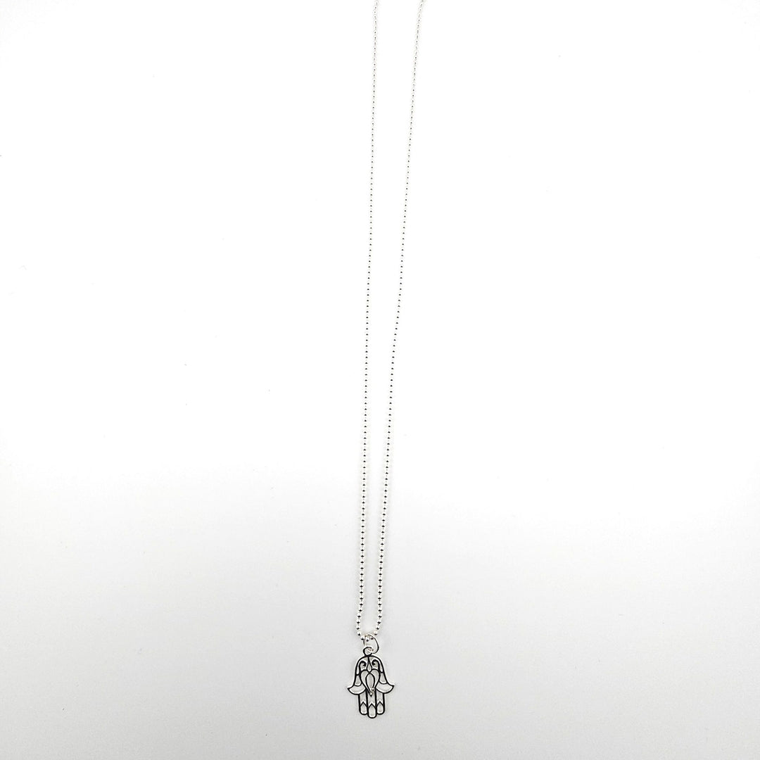 Sterling silver Hamsa charm necklace on an 18 inch ball chain, minimalist spiritual jewellery.