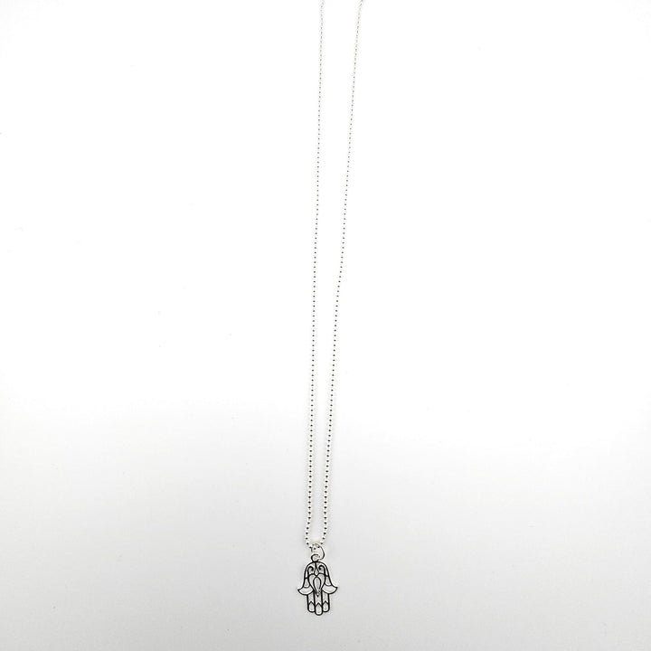 Sterling silver Hamsa charm necklace on an 18 inch ball chain, minimalist spiritual jewellery.