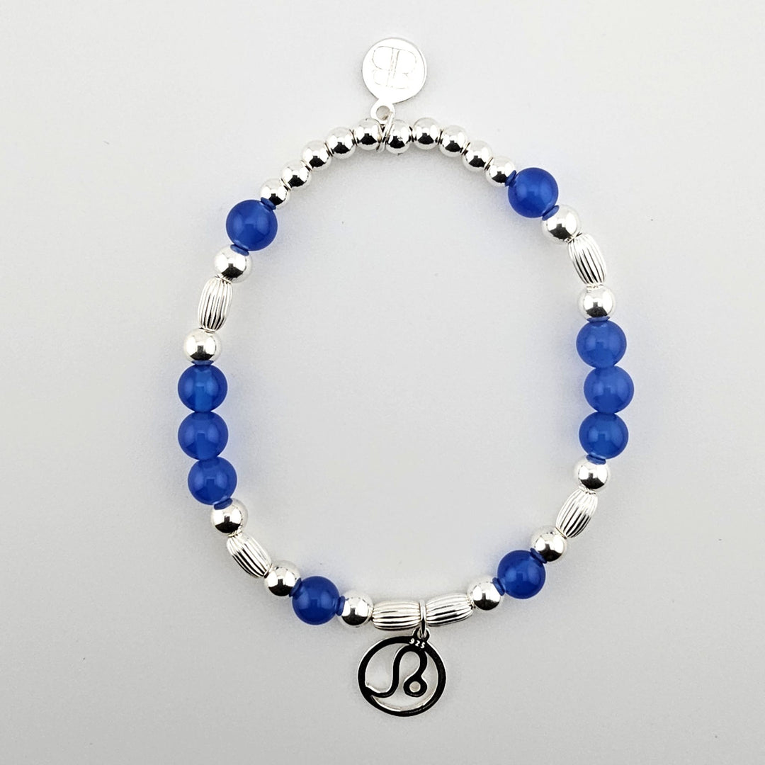 Sterling silver and blue agate bracelet with Leo zodiac charm.