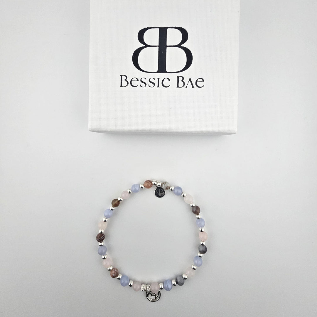Multi-stone sterling silver anklet presented in white gift box.