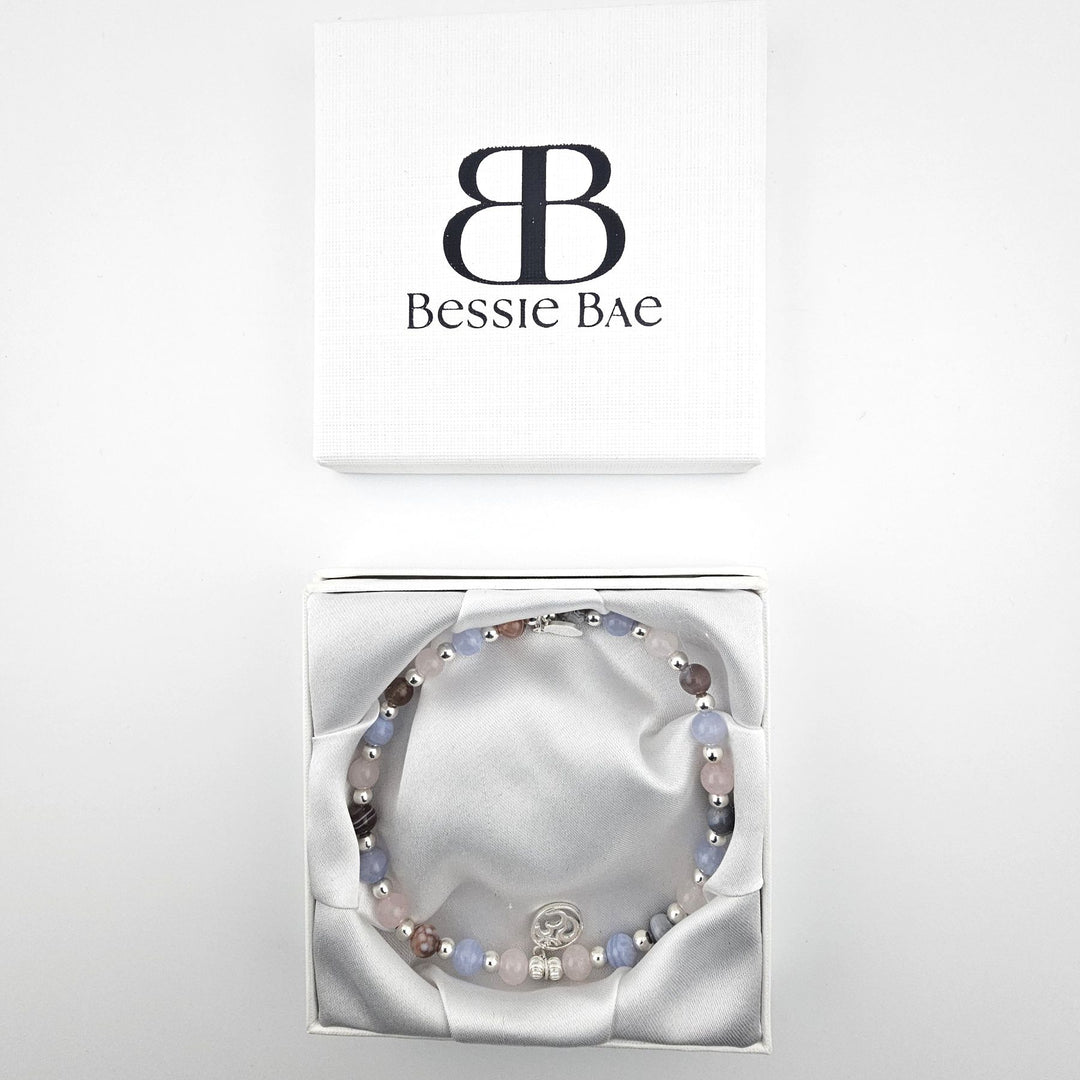 Pastel Harmony semi-precious stone anklet shown with Bessie Bae packaging.