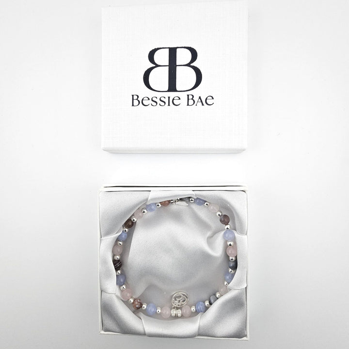 Pastel Harmony semi-precious stone anklet shown with Bessie Bae packaging.