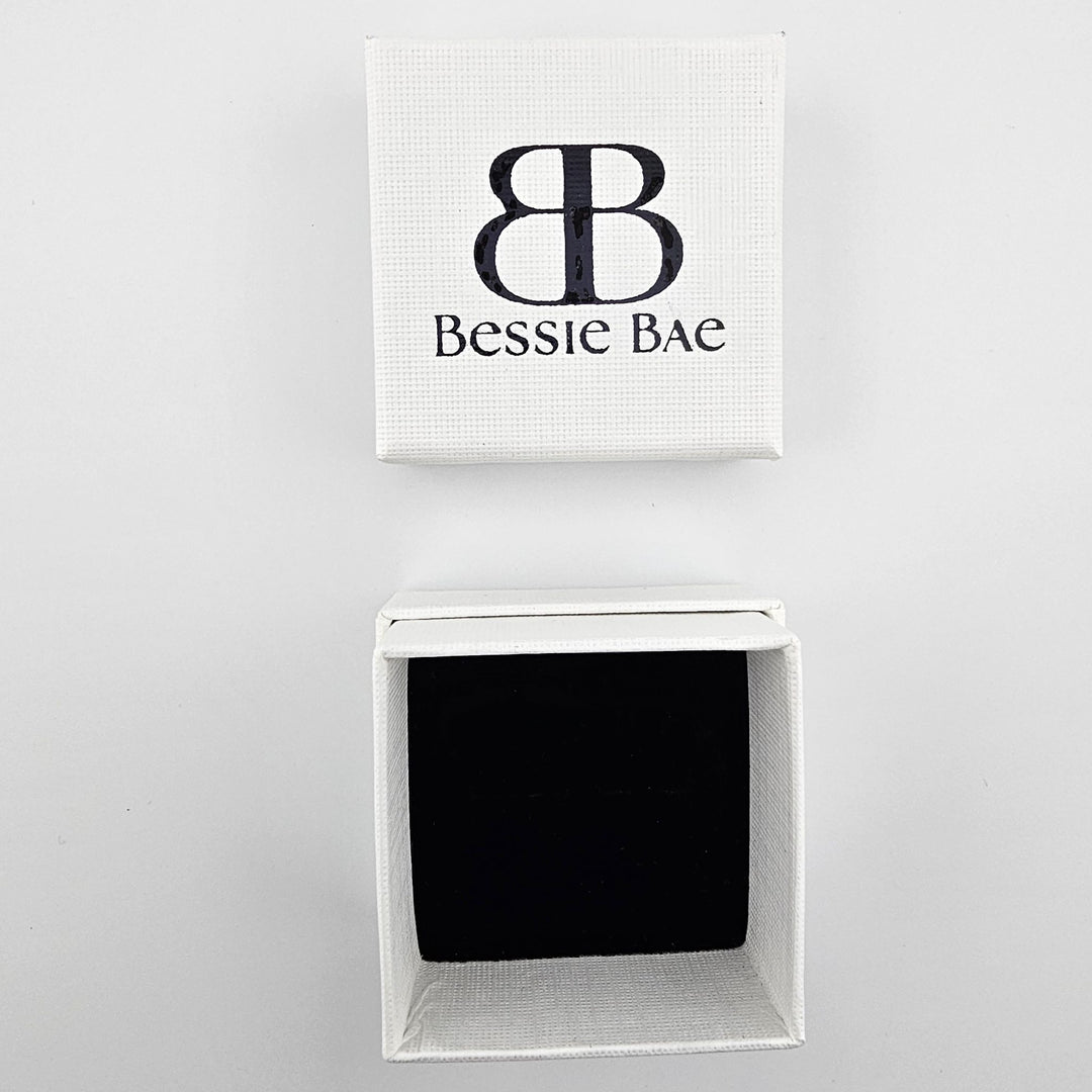 Bessie Bae branded white ring jewellery gift box with logo.
