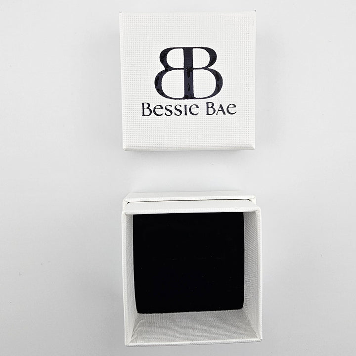 Bessie Bae branded white ring jewellery gift box with logo.
