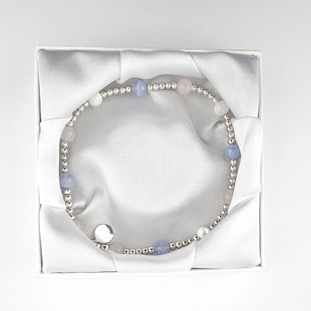 Handcrafted pastel gemstone anklet in Bessie Bae gift box.