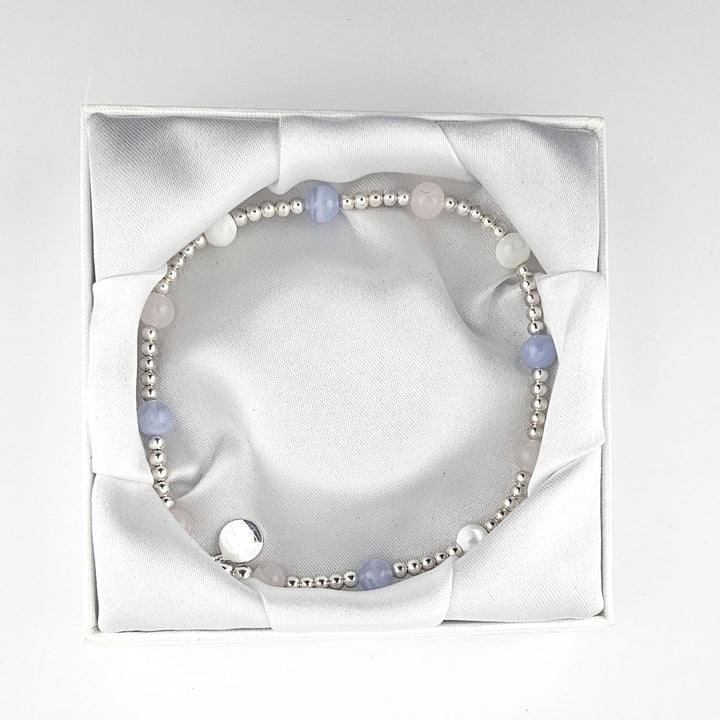 Handcrafted pastel gemstone anklet in Bessie Bae gift box.