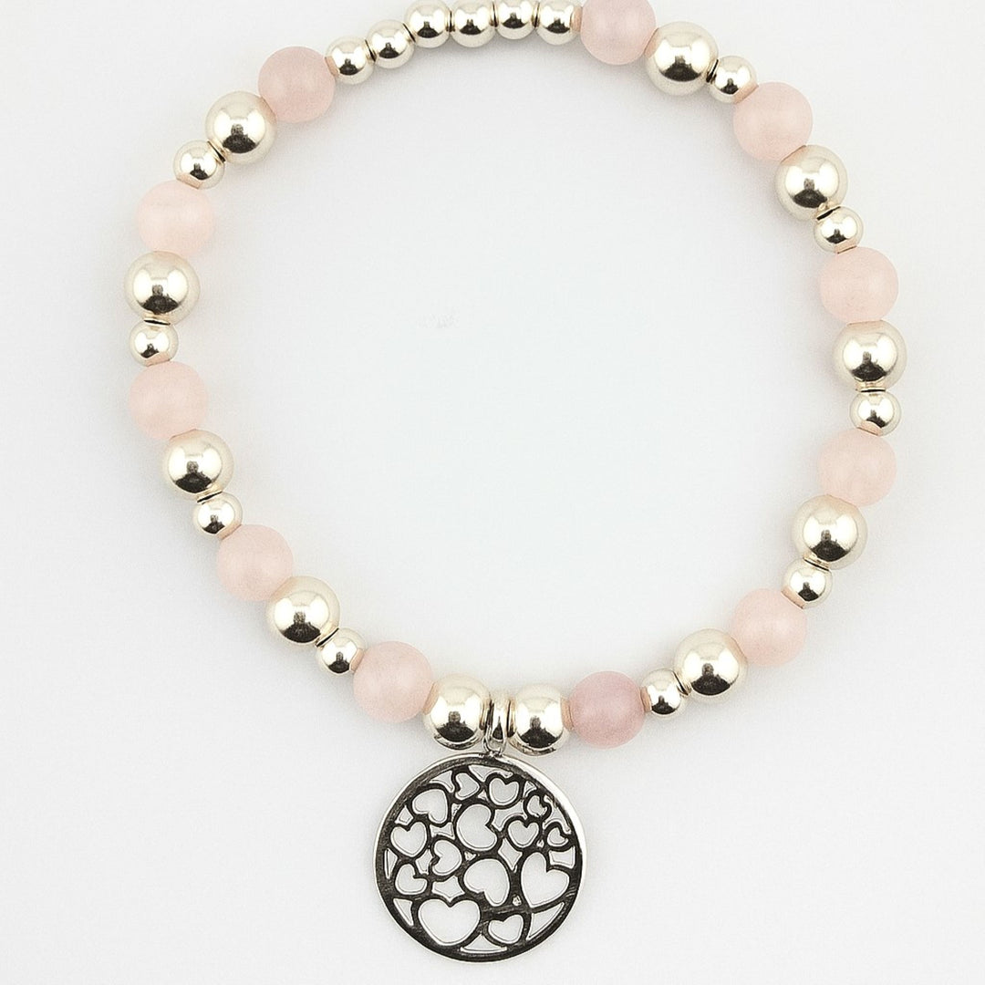 Sterling Silver Rose Quartz Bracelet with open heart charm.