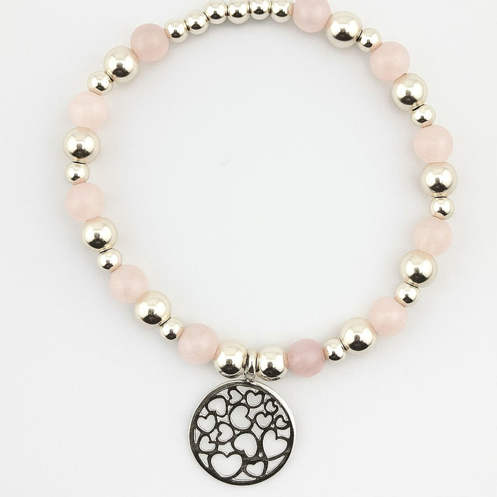 Sterling Silver Rose Quartz Bracelet with open heart charm.
