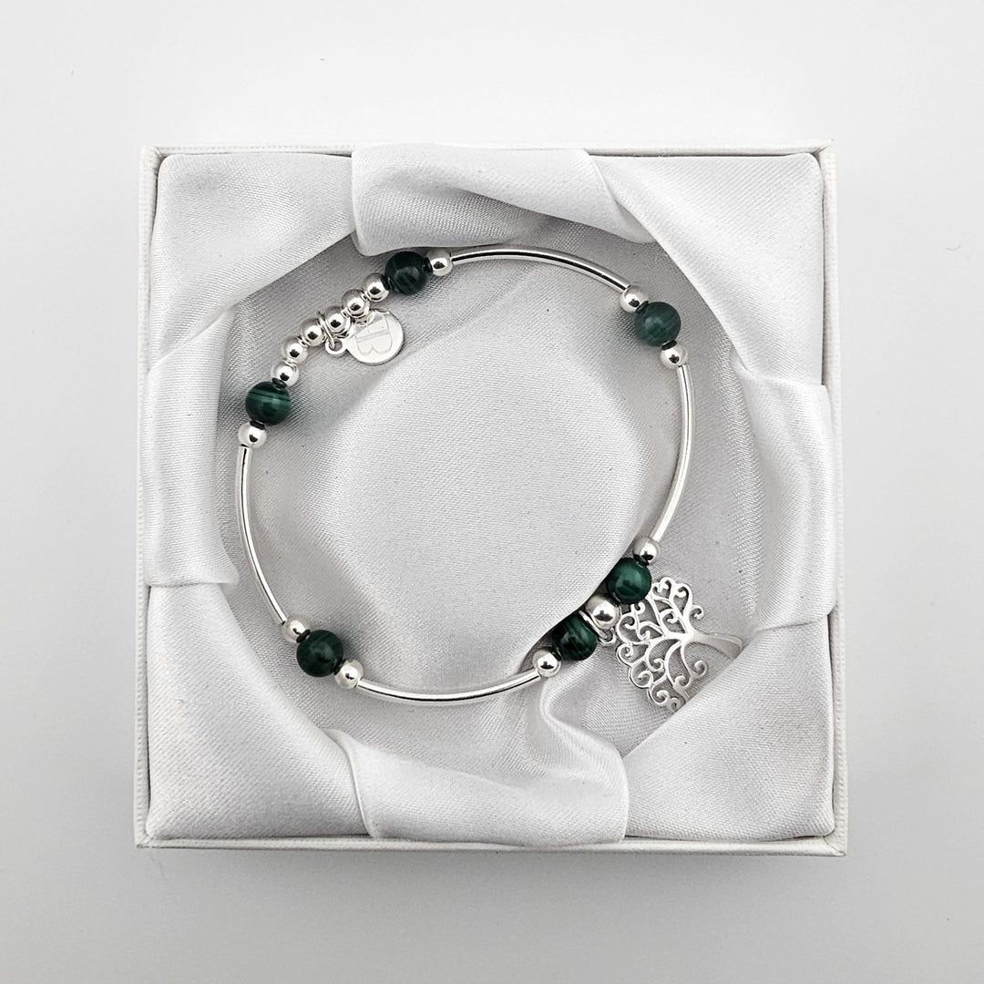 Sterling silver and malachite bracelet with Tree of Life charm.