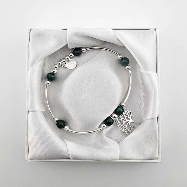 Sterling silver and malachite bracelet with Tree of Life charm.