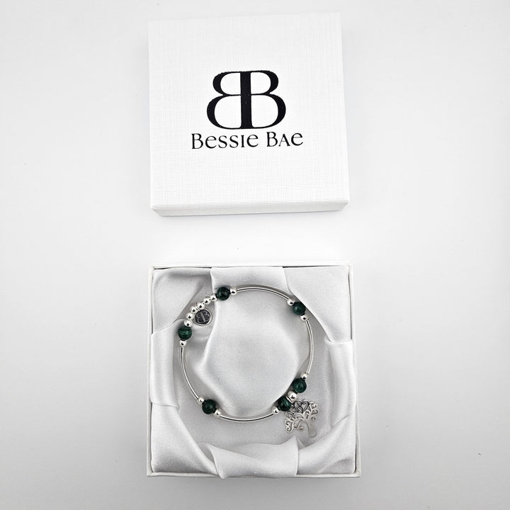 Tree of Life malachite bracelet in Bessie Bae gift box.