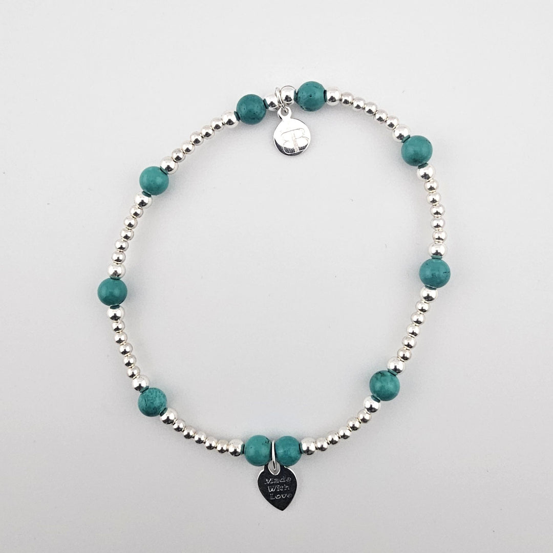 Turquoise and sterling silver anklet with Made With Love charm by Bessie Bae.