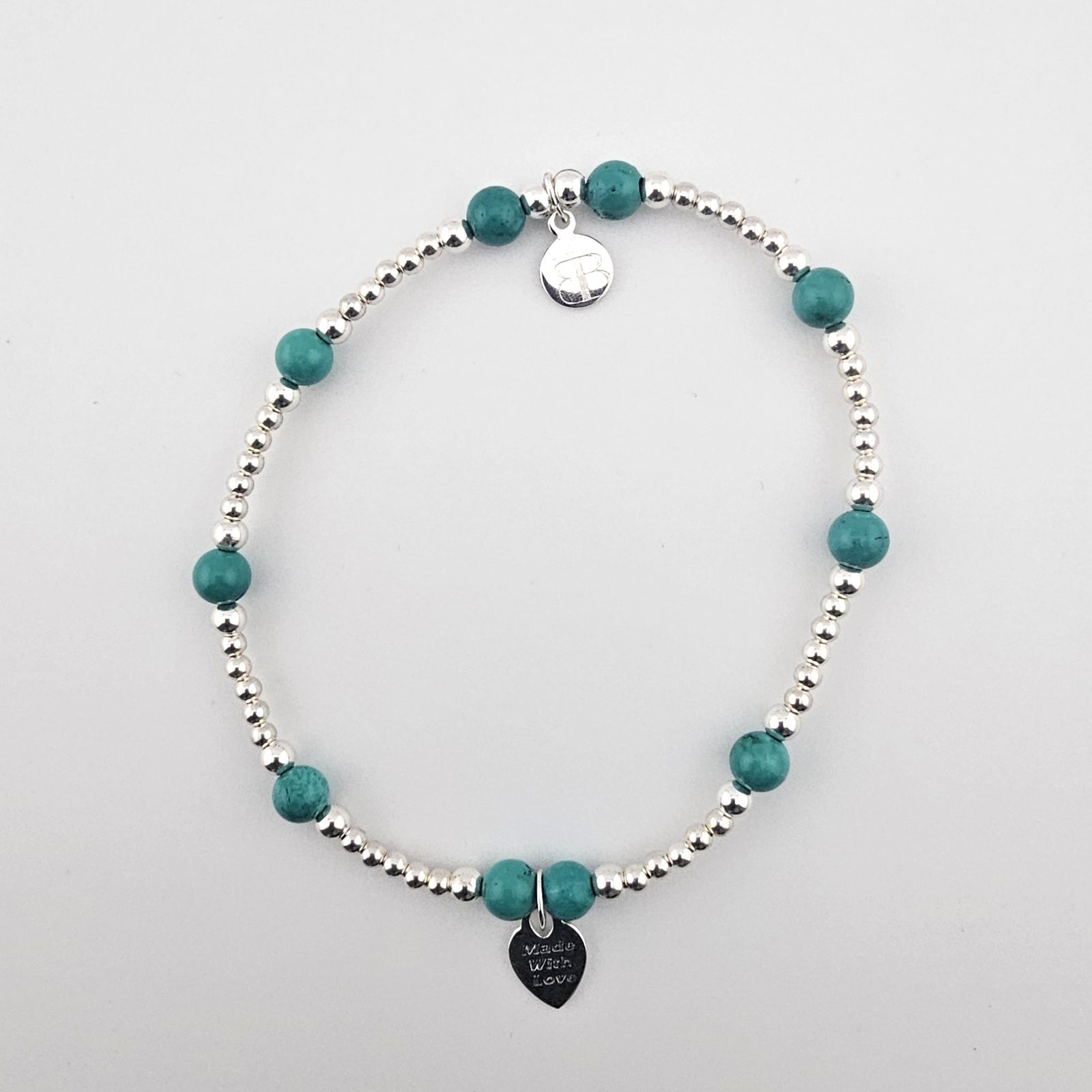 Turquoise and sterling silver anklet with Made With Love charm by Bessie Bae.