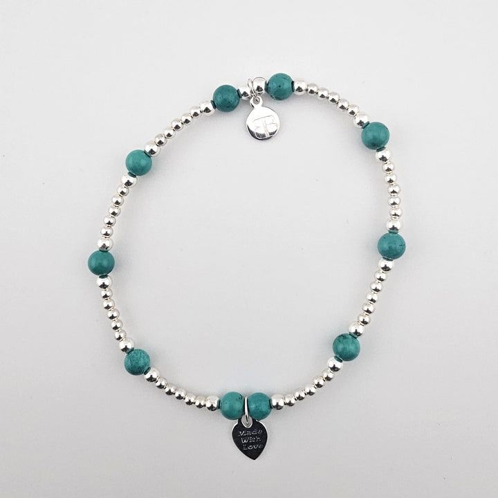 Turquoise and sterling silver anklet with Made With Love charm by Bessie Bae.