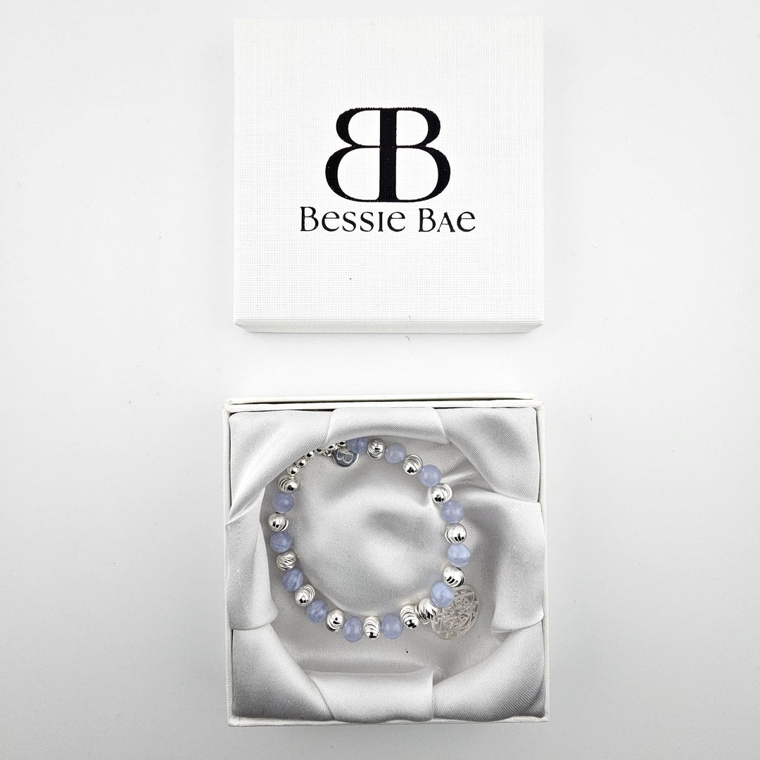 Blue lace agate and sterling silver Mandala bracelet in Bessie Bae gift box.