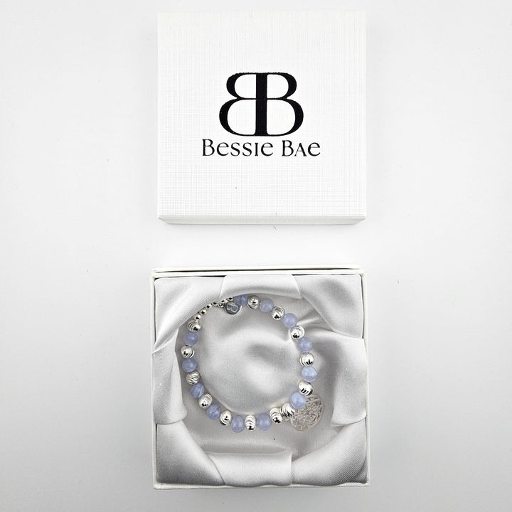 Blue lace agate and sterling silver Mandala bracelet in Bessie Bae gift box.