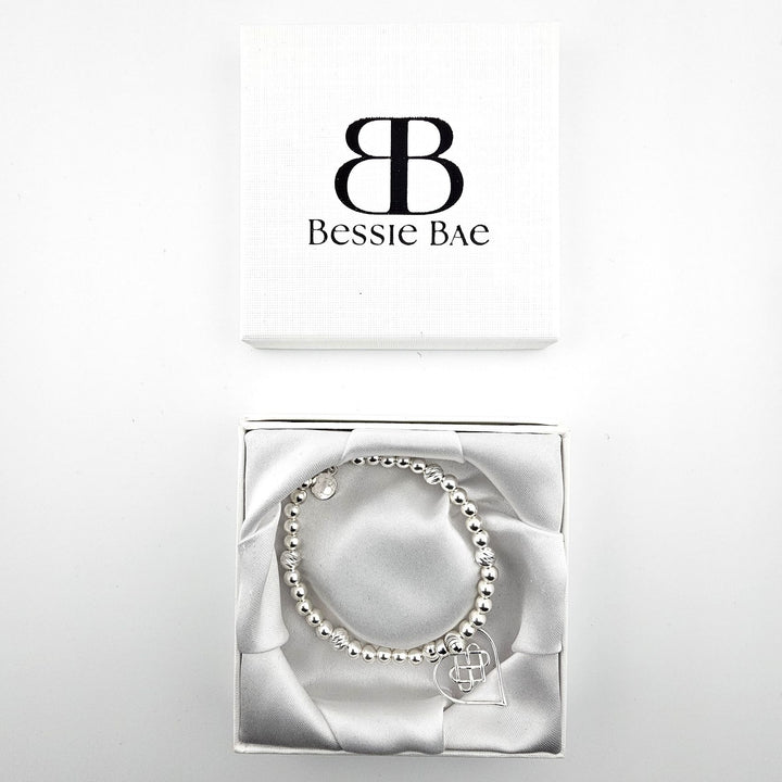 Sterling silver Celtic heart bracelet in Bessie Bae gift box.