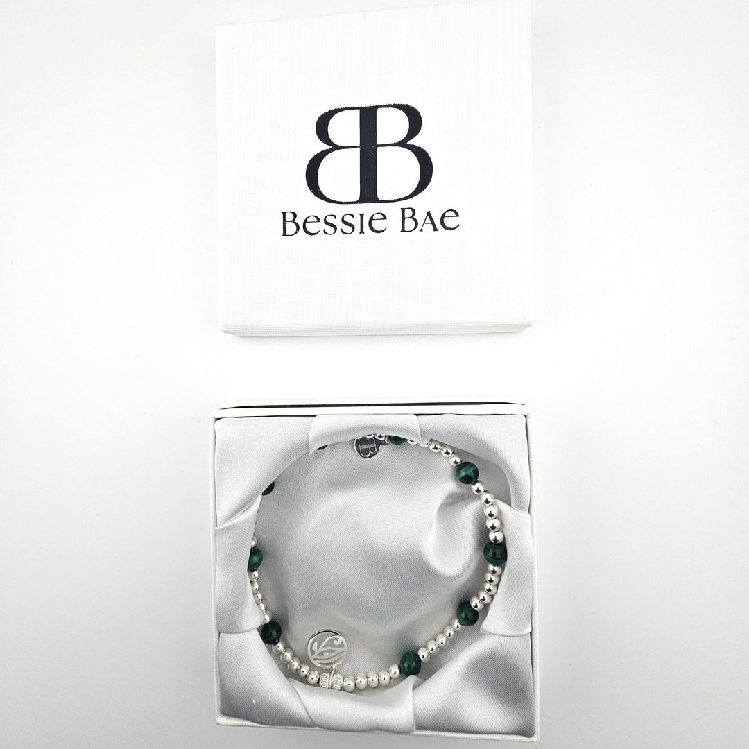 Malachite and silver anklet displayed in Bessie Bae gift box.