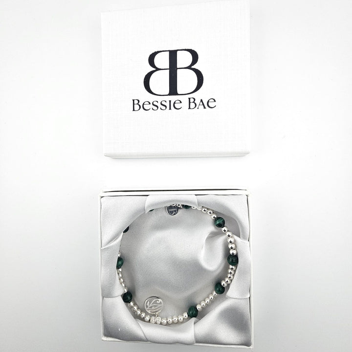 Malachite and silver anklet displayed in Bessie Bae gift box.