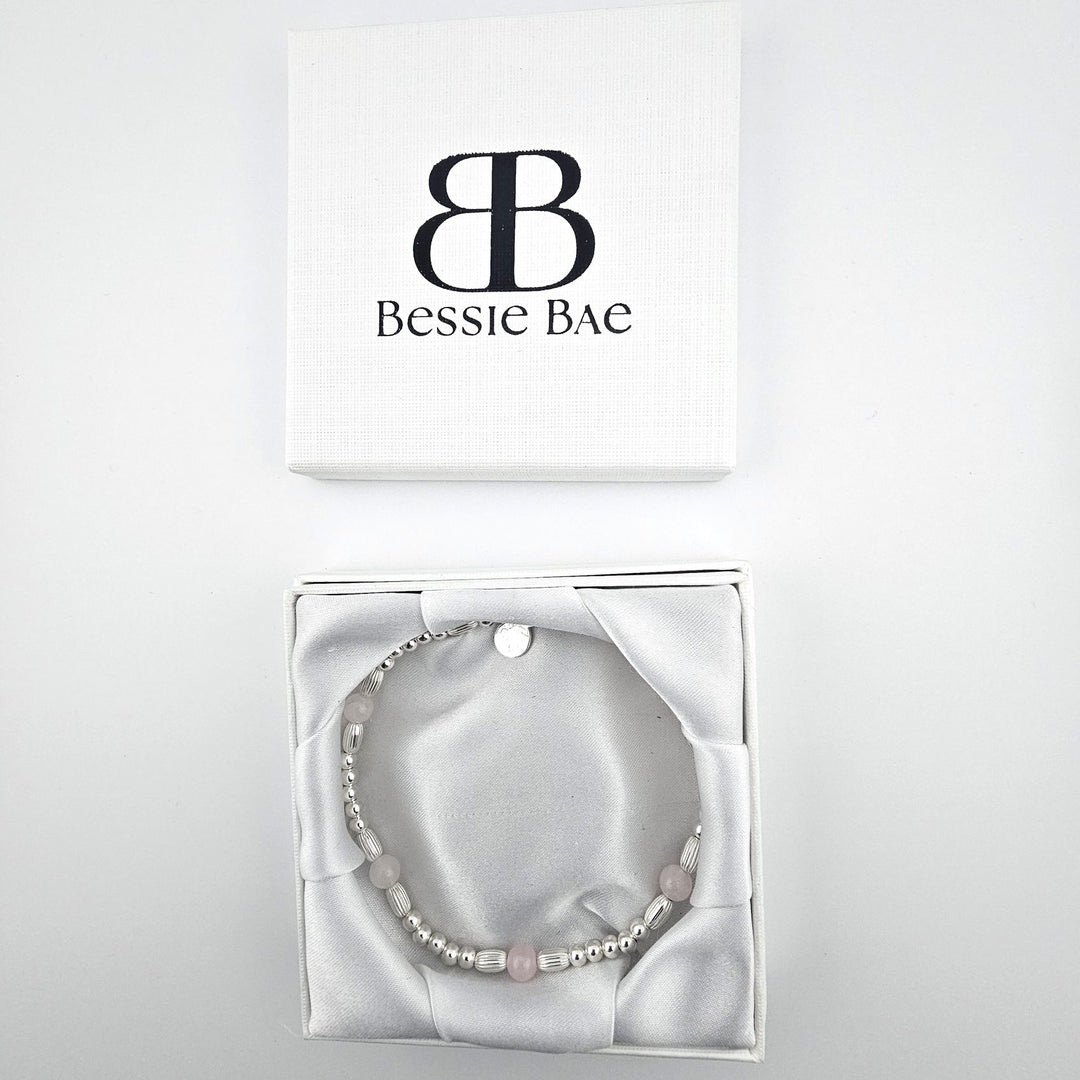 Gift boxed sterling silver and rose quartz anklet by Bessie Bae.