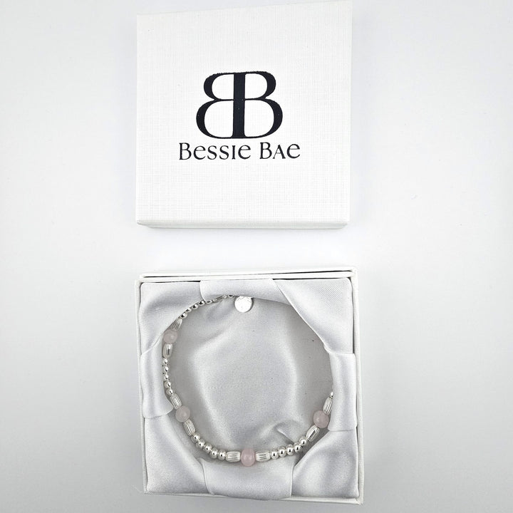 Gift boxed sterling silver and rose quartz anklet by Bessie Bae.