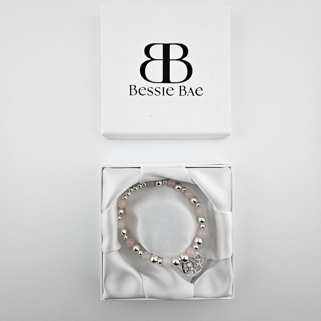 Bessie Bae bracelet in gift box with Rose Quartz beads.
