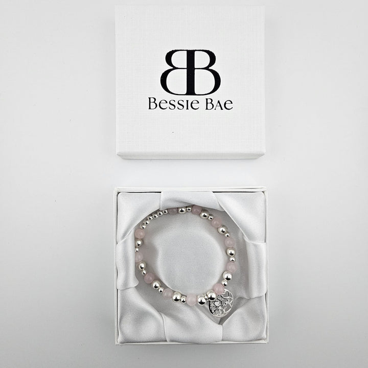 Bessie Bae bracelet in gift box with Rose Quartz beads.