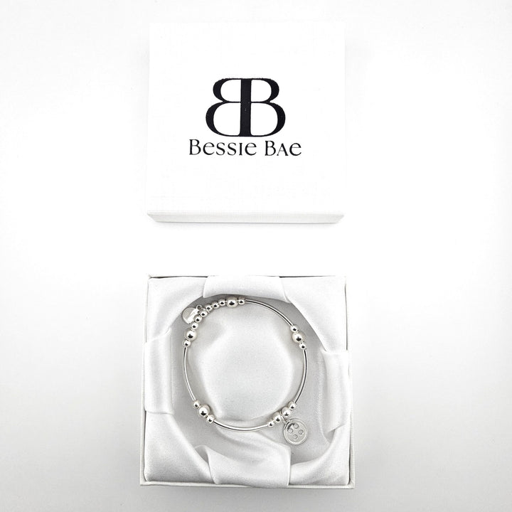 Minimalist Sterling Silver Button Bracelet in Bessie Bae gift box.