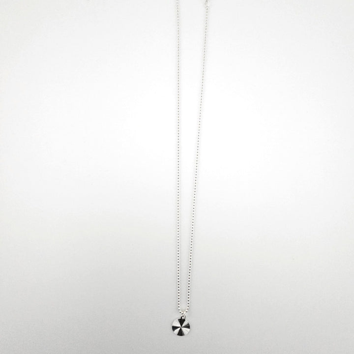 Sterling silver starburst disc necklace with 12mm charm on an 18 inch ball chain.