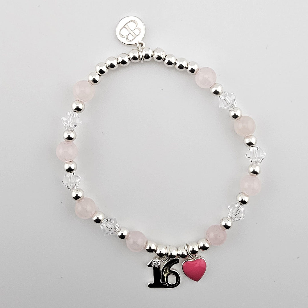 Sterling Silver 16 Bracelet with Rose Quartz and pink heart charm by Bessie Bae.