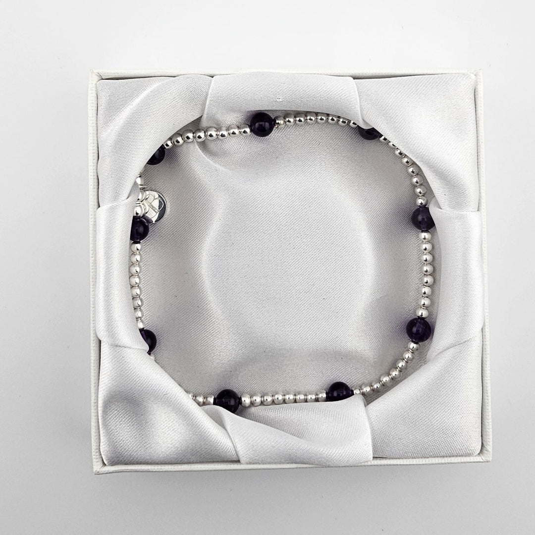 Elegant amethyst and silver stretch anklet, UK made.