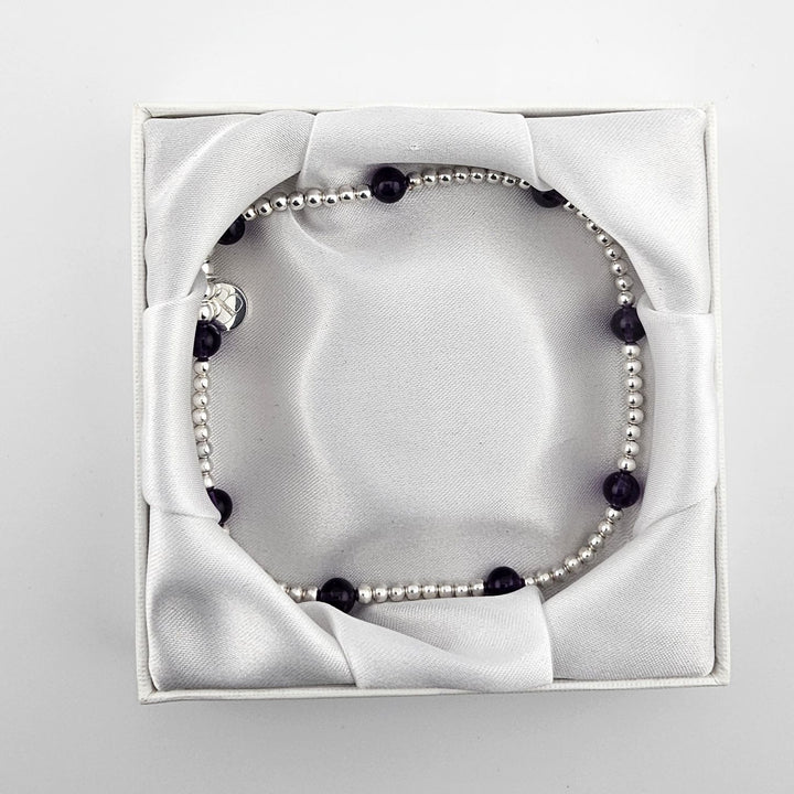 Elegant amethyst and silver stretch anklet, UK made.