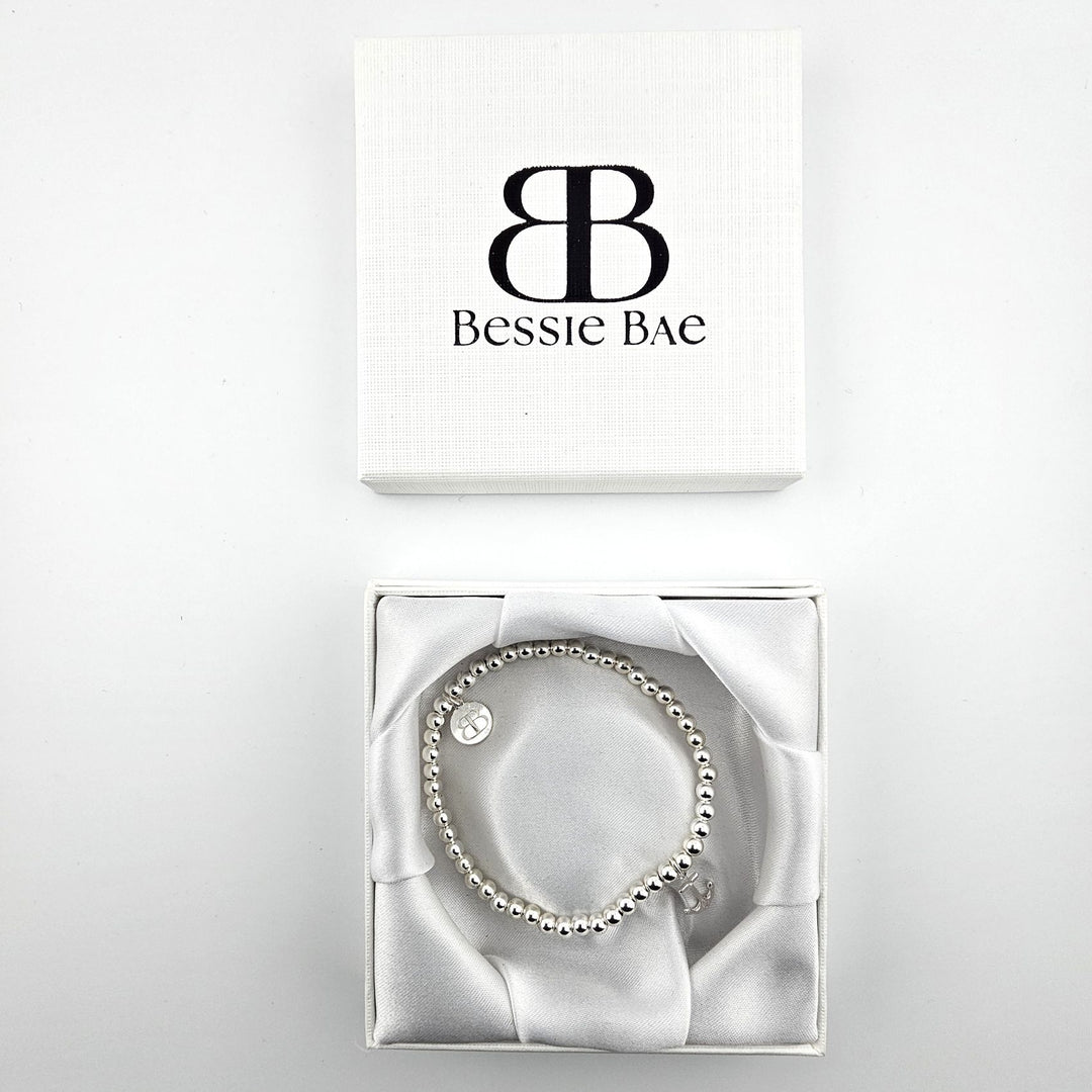 Sterling Silver Anchor Bracelet presented in a white Bessie Bae gift box, handmade silver beaded bracelet.