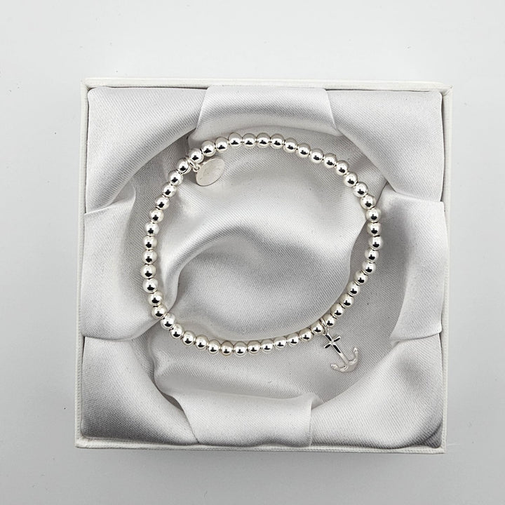 Sterling Silver Anchor Bracelet displayed in white satin-lined Bessie Bae box, handcrafted 925 silver jewellery.