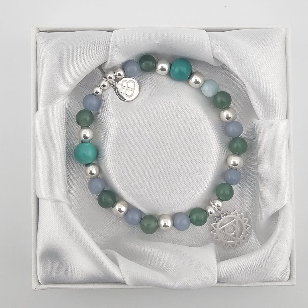 Spiritual gemstone bracelet with silver Third Eye charm.