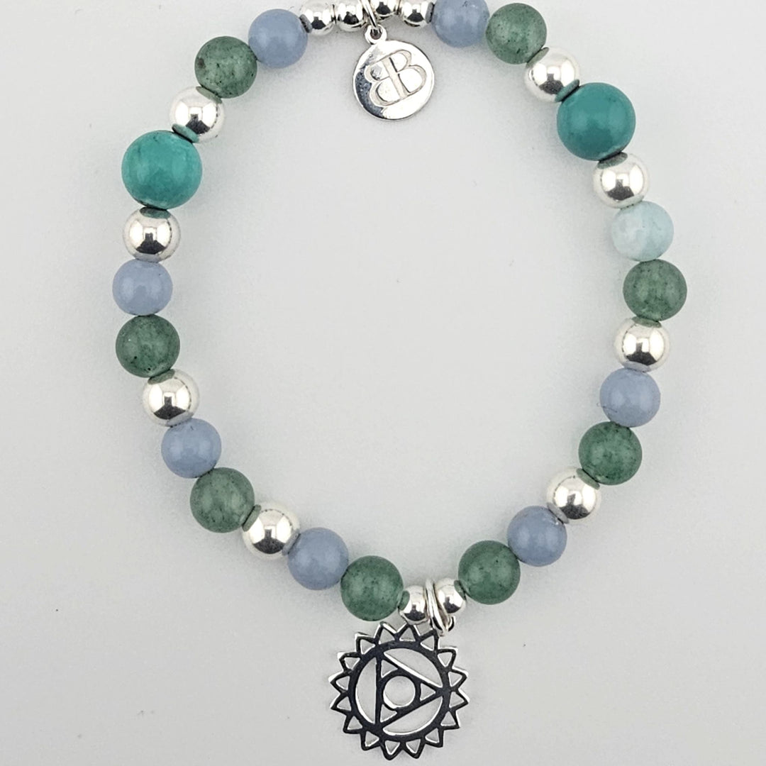 Sterling silver bracelet with angelite and aventurine beads and chakra charm.