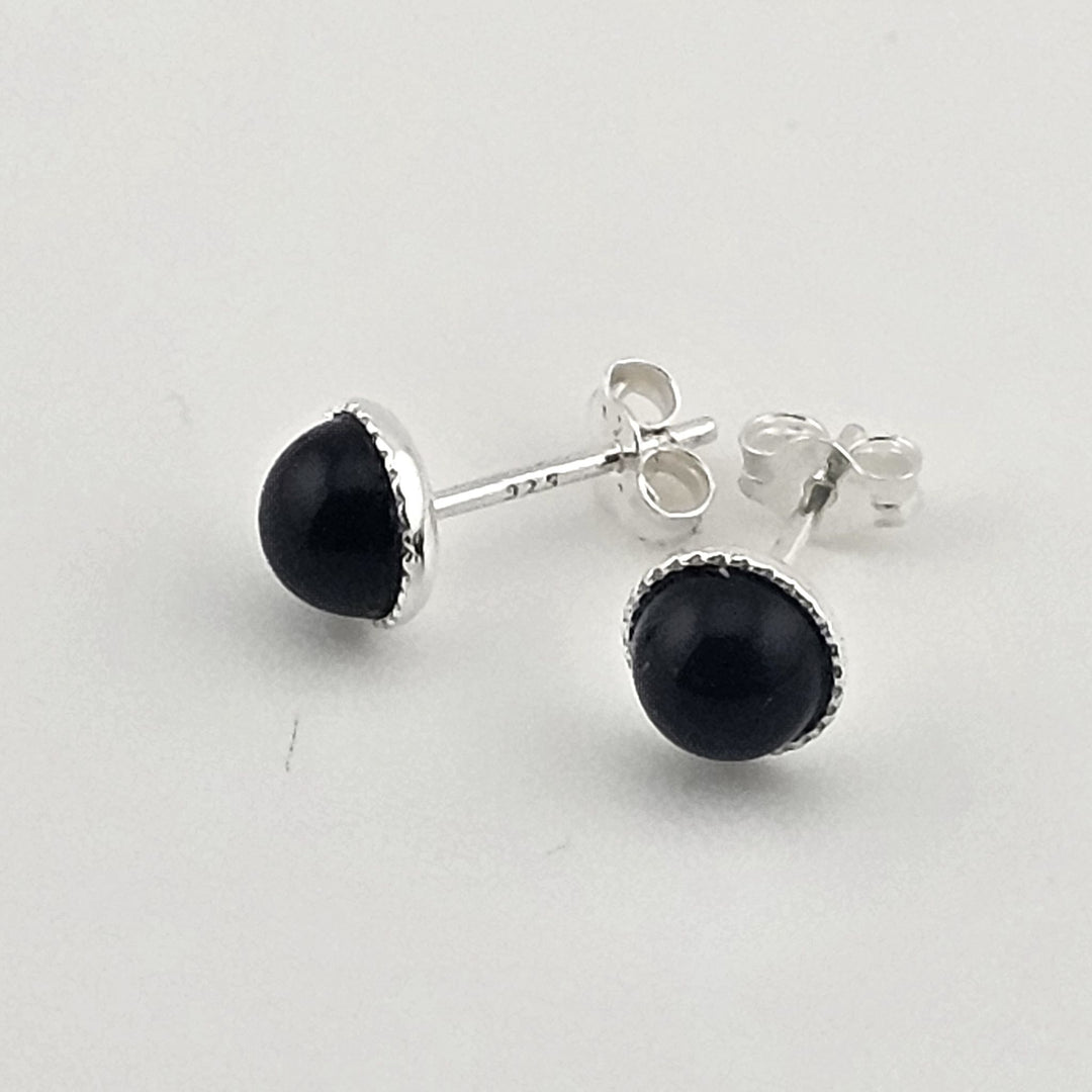Elegant petite black onyx earrings in silver setting.
