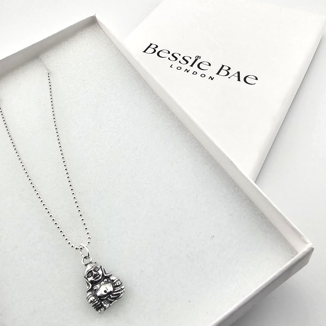 Unisex sterling silver Laughing Buddha necklace, spiritual jewellery gift.